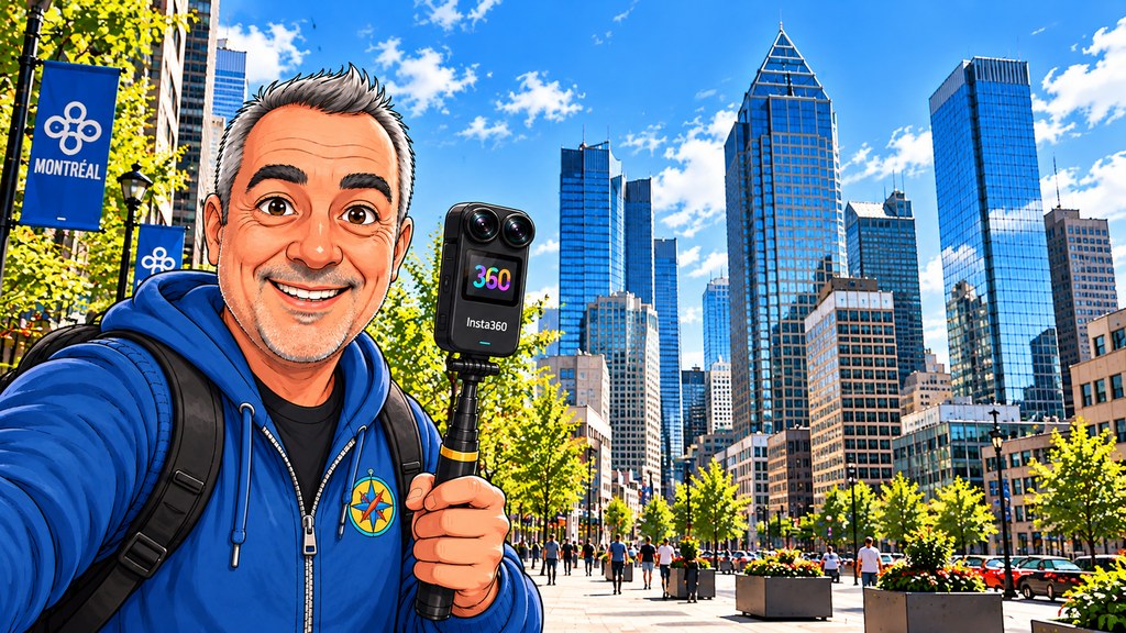 Cartoon de James en hoodie bleu, caméra Insta360 sur perche à la main, devant les gratte-ciel du centre-ville de Montréal